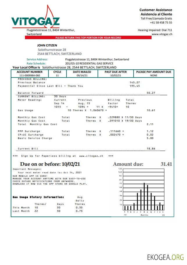 Switzerland Vitogaz Switzerland AG utility bill template, fully editable in Word and PDF format